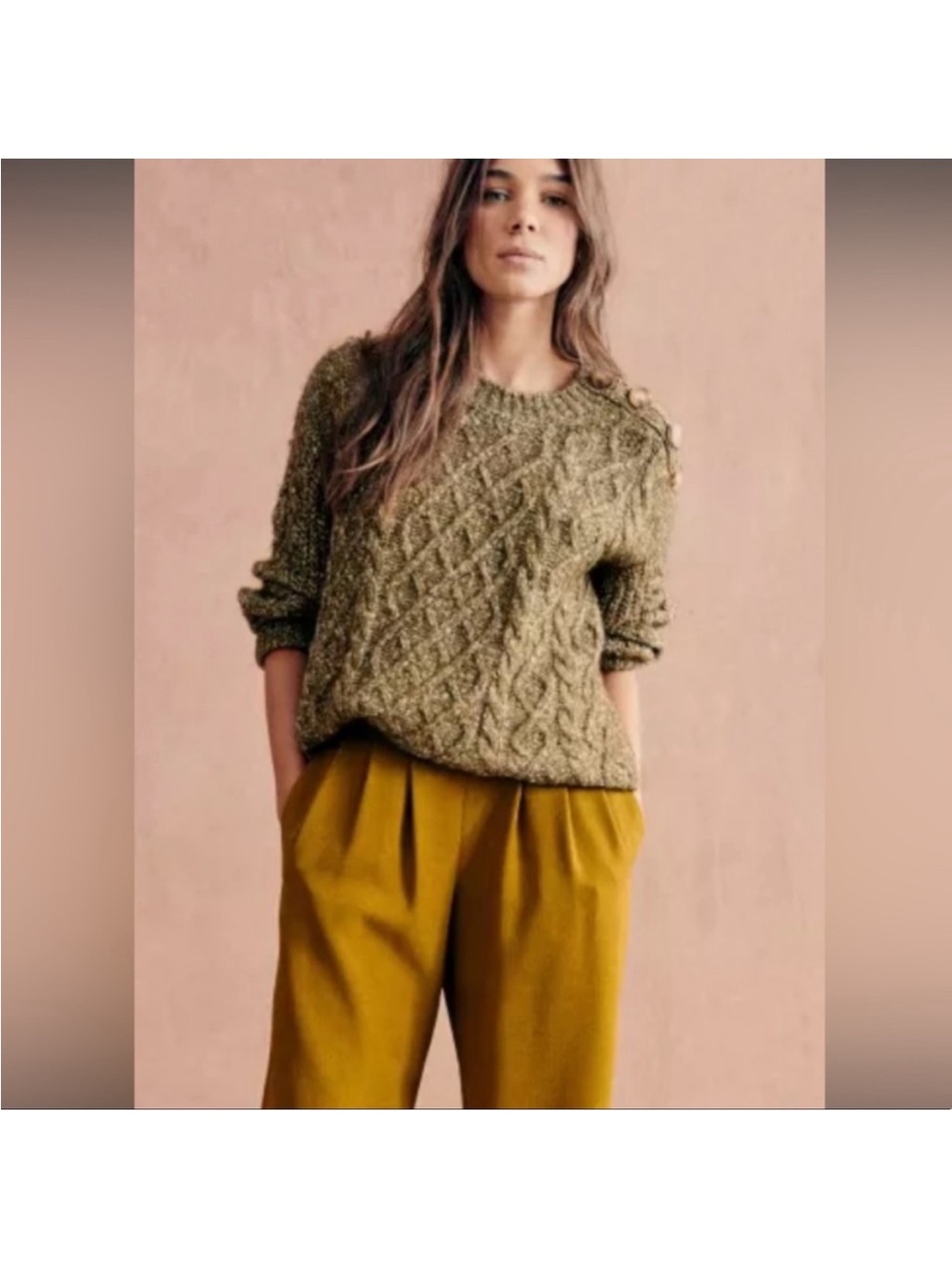 Sezane Olive Cable-Knit Crew Sweater